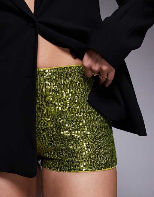 ASOS DESIGN allover sequin mini shorts in olive, 5 of 5