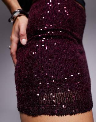 Asos Design Allover Sequin Mini Skirt In Burgundy