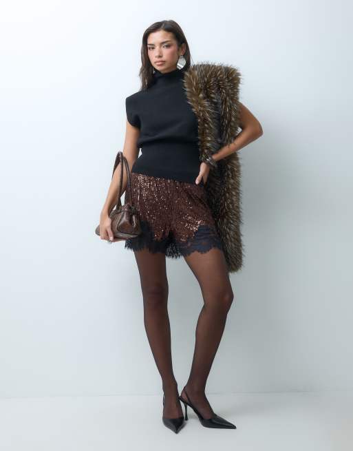 ASOS DESIGN allover sequin shorts in chocolate with black lace trim, 3 of 5