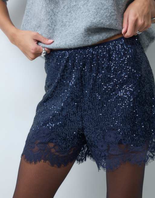 ASOS DESIGN allover sequin shorts with lace trim in inky blue, 2 of 5