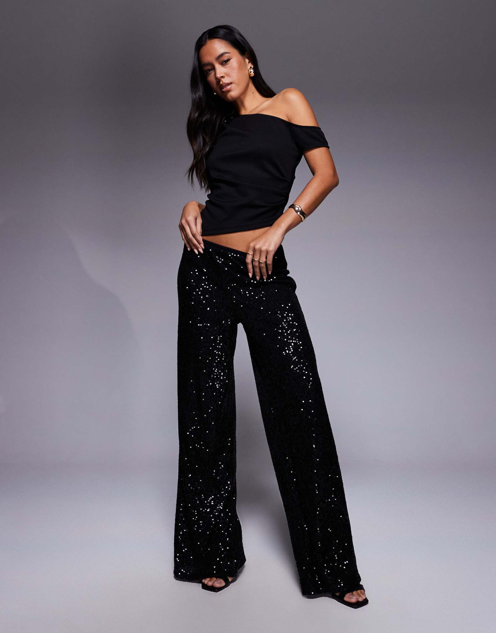 Широкие брюки ASOS DESIGN с блестками по всей длине черного цвета