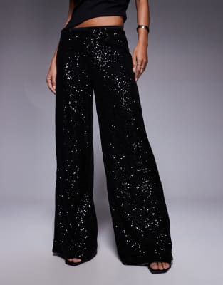 Asos Design Allover Sequin Wide Leg Pants In Black