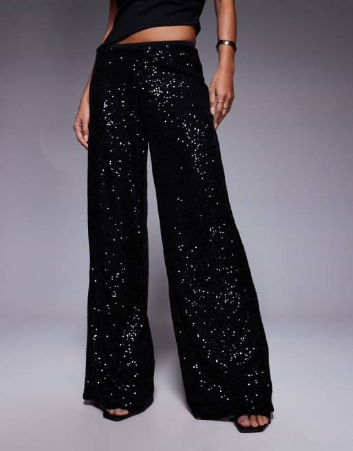 ASOS DESIGN allover sequin wide leg pants in black