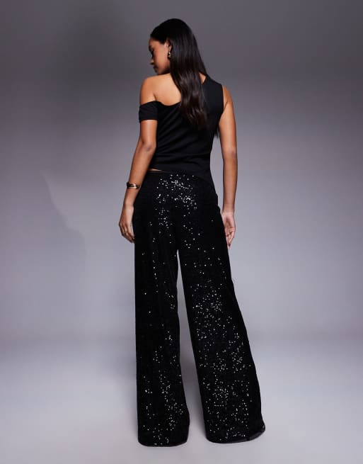 ASOS DESIGN allover sequin wide leg pants in black