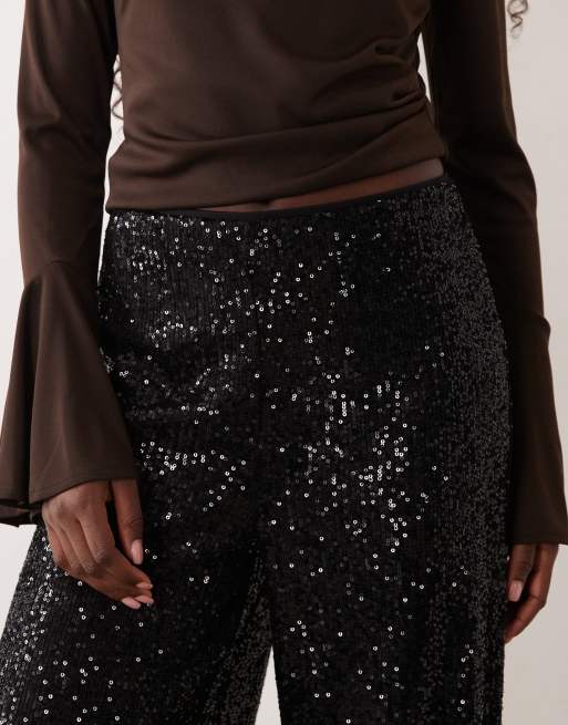 ASOS DESIGN allover sequin wide leg pants in black, 3 of 5