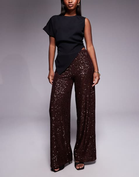 ASOS DESIGN allover sequin wide leg pants in chocolate - view 1
