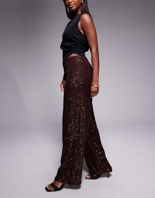 ASOS DESIGN allover sequin wide leg pants in chocolate