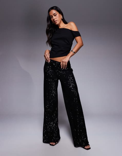ASOS DESIGN allover sequin wide leg trouser in black