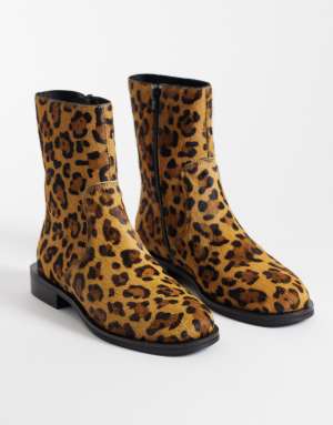 ASOS DESIGN Alma hair on real leather smart flat ankle boots in leopard