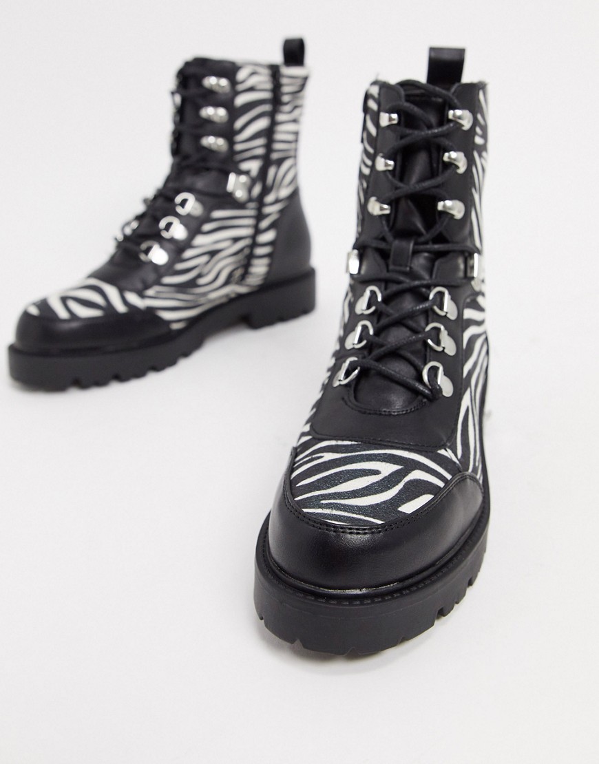 ASOS DESIGN Alma lace up hiker boots with trim detail in zebra-Multi