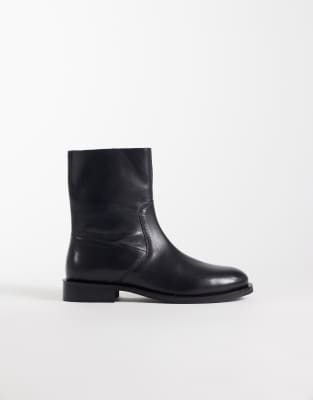 Asos Design Alma Leather Smart Flat Ankle Boots In Black