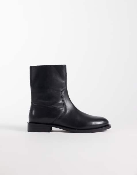 ASOS DESIGN Alma leather smart flat ankle boots in black - view 1