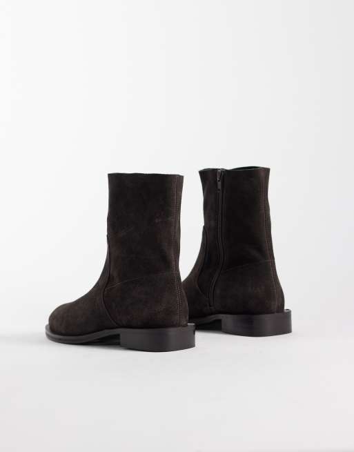 ASOS DESIGN Alma leather smart flat ankle boots in choc suede, 4 of 4