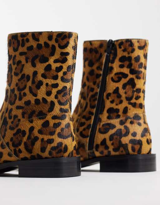 ASOS DESIGN Alma leather smart flat ankle boots in leopard hair on real leather, 4 of 4