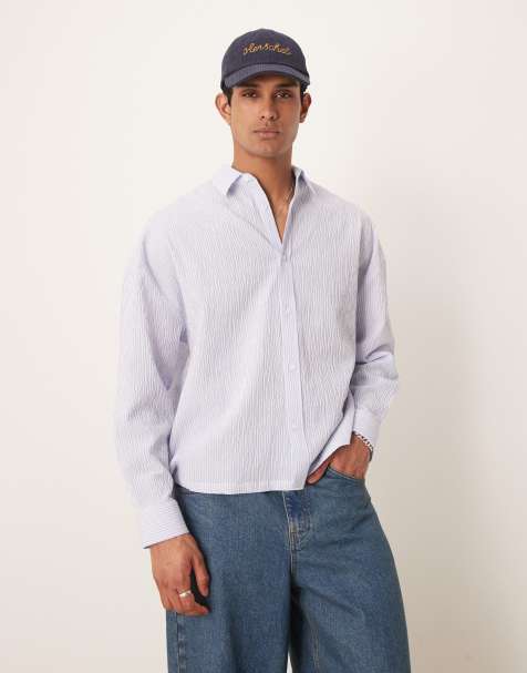 ASOS DESIGN - Almindelig seersucker-skjorte med struktur i blå og hvid stribe - view 1