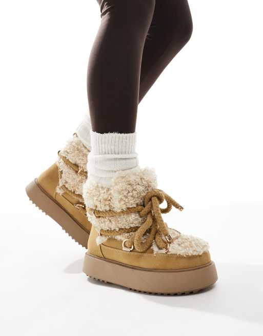 ASOS DESIGN - Alpine - Beige snestøvler med snørebånd i imiteret lammeskind, 4 af 4