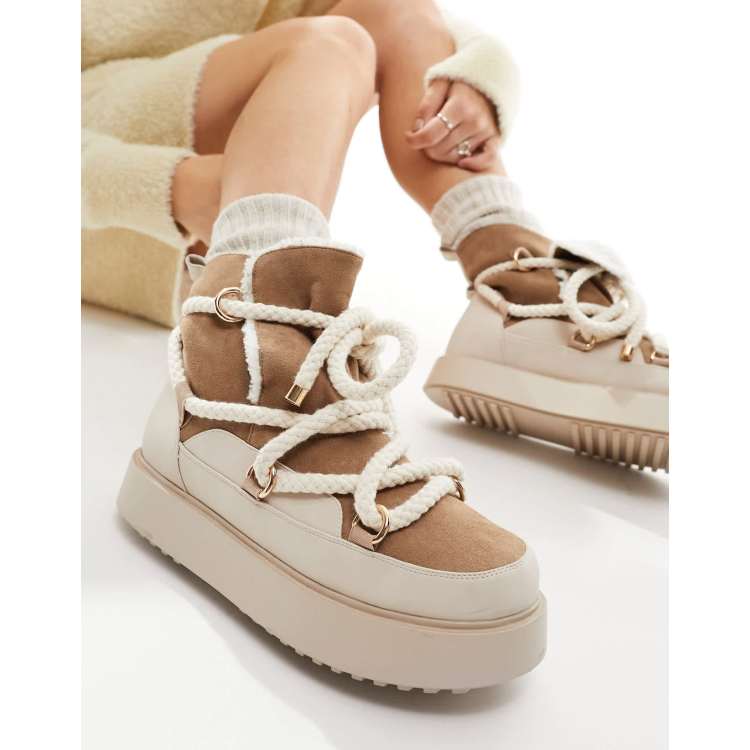 ASOS DESIGN Alpine shearling lace up snow boots in off-white  display picture 1
