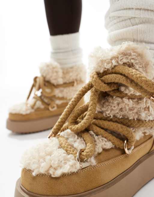ASOS DESIGN - Alpine - Sneeuwlaarzen met schapenvacht en veters in beige, 2 van 4