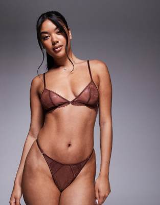 Asos Design Amber Lace & Mesh Tanga Thong With Ring Detail In Brown