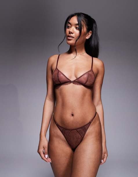 ASOS DESIGN Amber lace & sheer mesh tanga lingerie thong in chocolate - view 1