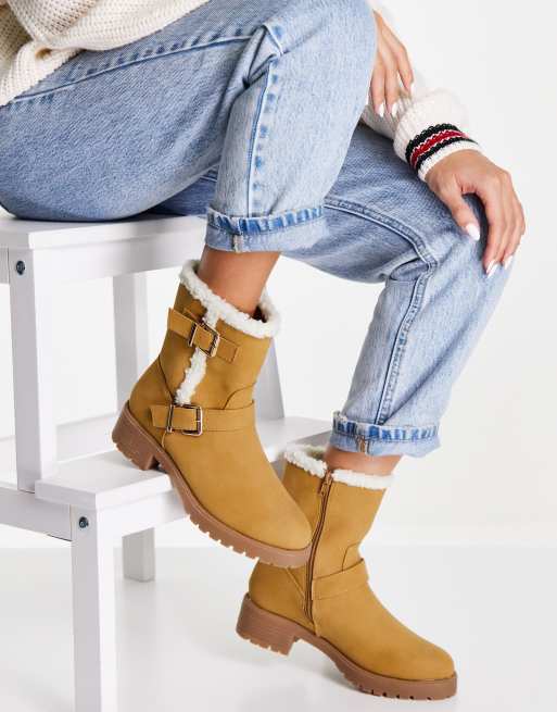 ASOS DESIGN Amber shearling lined pull on hiker boots in camel