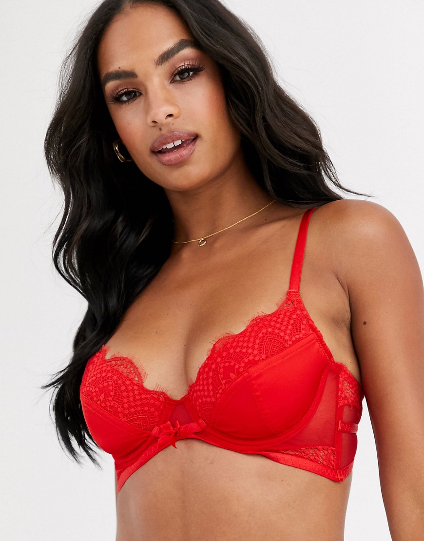 ASOS DESIGN Amber underwire padded bra with satin & mesh-Red