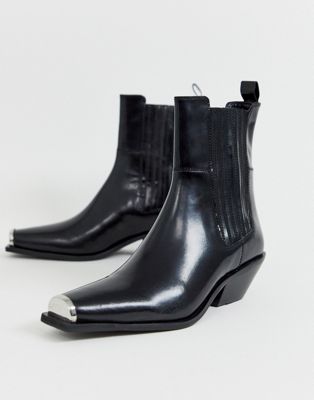 ASOS DESIGN Ambition premium metal toe western ankle boots in black leather