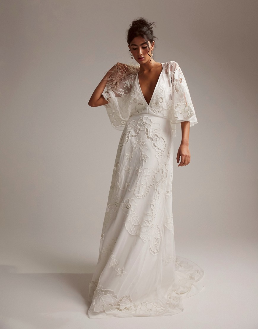 ASOS DESIGN Amelia cutwork embroidered wedding dress with kimono sleeve -White