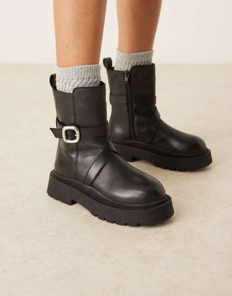 ASOS DESIGN Amelia leather chunky flat ankle boots with buckle detail in black - view 1