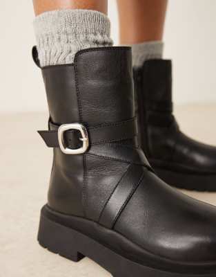 Asos Design Amelia Leather Chunky Flat Ankle Boots With Buckle Detailing In Multi