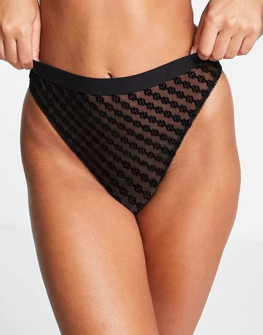 ASOS DESIGN - Amelia - Slip a vita alta in rete con monogramma in tessuto floccato nero, 2 di 4