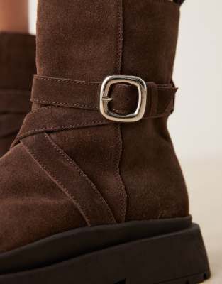 Asos Design Amelia Suede Chunky Flat Ankle Boots With Buckle Detail In Brown