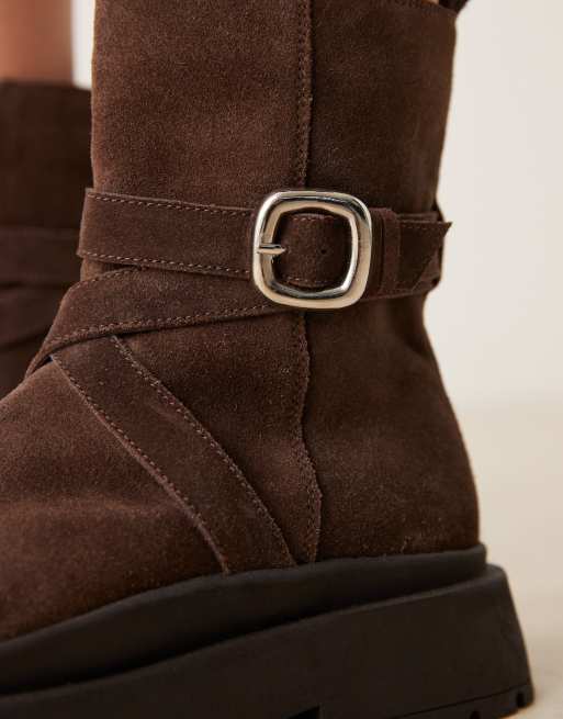 ASOS DESIGN Amelia suede chunky flat ankle boots with buckle detail in chocolate, 2 of 4