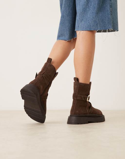 ASOS DESIGN Amelia suede chunky flat ankle boots with buckle detail in chocolate, 3 of 4