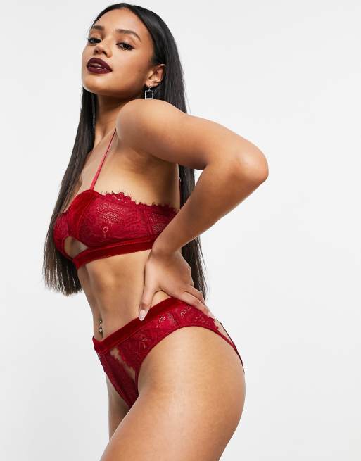 ASOS DESIGN Amelia velvet and lace lingerie thong in red, 4 of 4