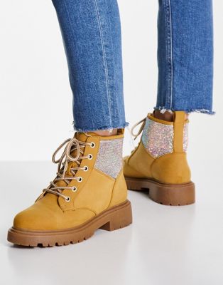 ASOS DESIGN Amelie embellished hiker boots in sand-Neutral