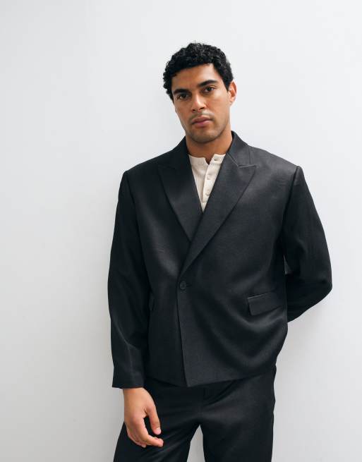 ASOS DESIGN americana boxy cruzada tipo traje en efecto denim negro, 2 de 5
