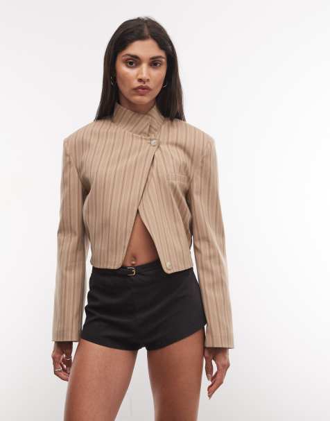 ASOS DESIGN - americana cropped cruzada al cuello en beige a rayas - view 1