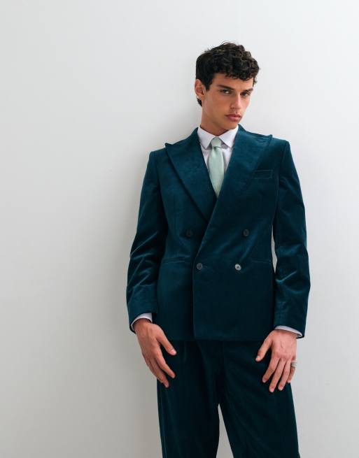 ASOS DESIGN - americana de traje entallada de doble botonadura en terciopelo de algodón verde azulado oscuro, 3 de 5