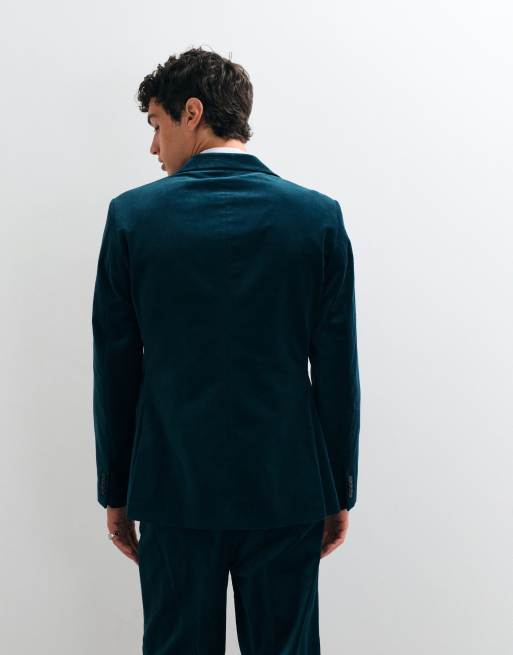 ASOS DESIGN - americana de traje entallada de doble botonadura en terciopelo de algodón verde azulado oscuro, 4 de 5