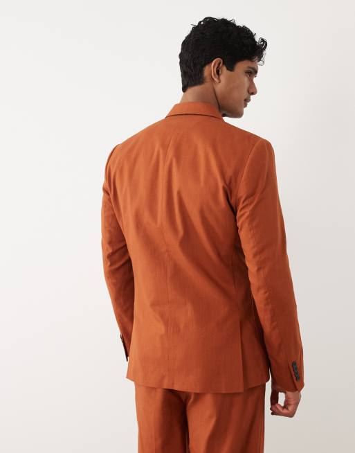 ASOS DESIGN - Americana de traje naranja tostado de corte estándar con doble botonadura de tejido efecto lino de 100% algodón, 3 de 5