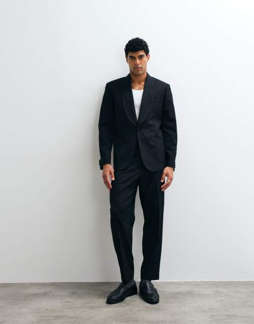 ASOS DESIGN - americana slim de traje en negro con raya diplomática metalizada, 2 de 5