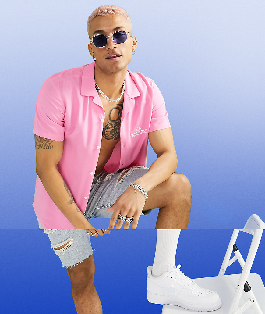 ASOS DESIGN Amnesia regular revere shirt with Ibiza prints-Pink