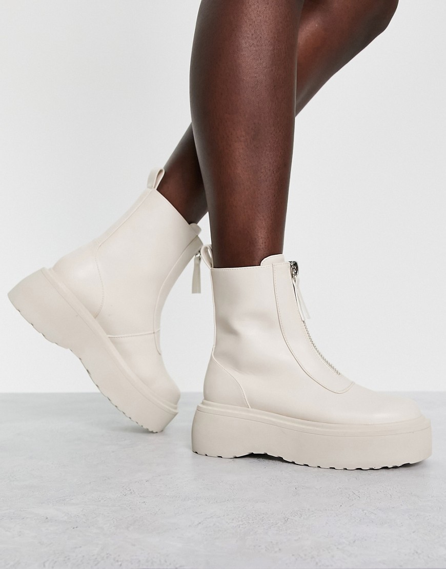 ASOS DESIGN Amsterdam chunky zip front ankle boots in off white-Neutral