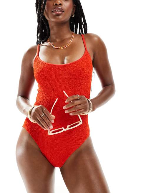 ASOS DESIGN - Amy - Costume da bagno skinny rosso pomodoro increspato con spalline sottili