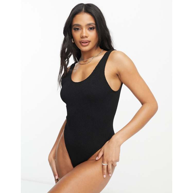 ASOS DESIGN Amy crinkle low back swimsuit in black | ASOS
