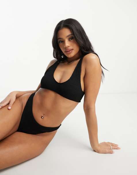 ASOS DESIGN - Amy - Mix and Match - Slip bikini sgambati a vita bassa in tessuto stropicciato neri - view 1