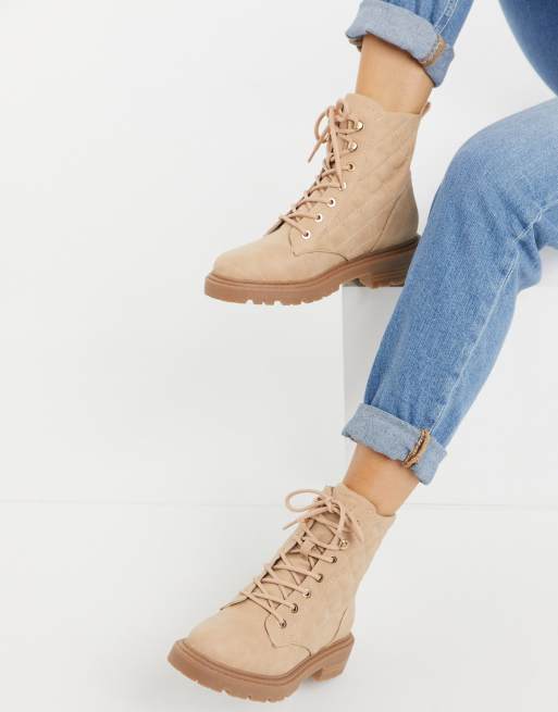 Beige Chunky Lace-Up Ankle Boots: Clarissa