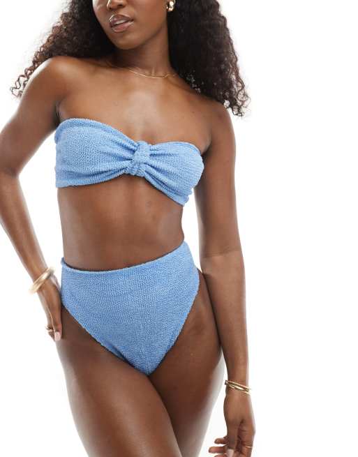 ASOS DESIGN - Amy - Top bikini a fascia mix & match in tessuto stropicciato blu con nodo