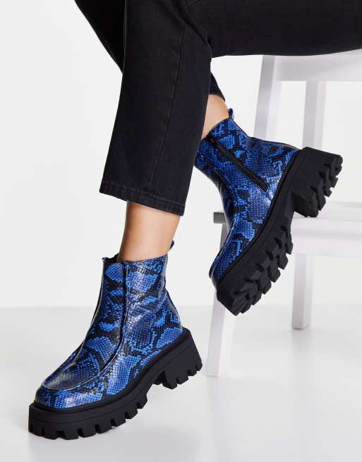 ASOS DESIGN Anaconda chunky loafer boots in blue snake